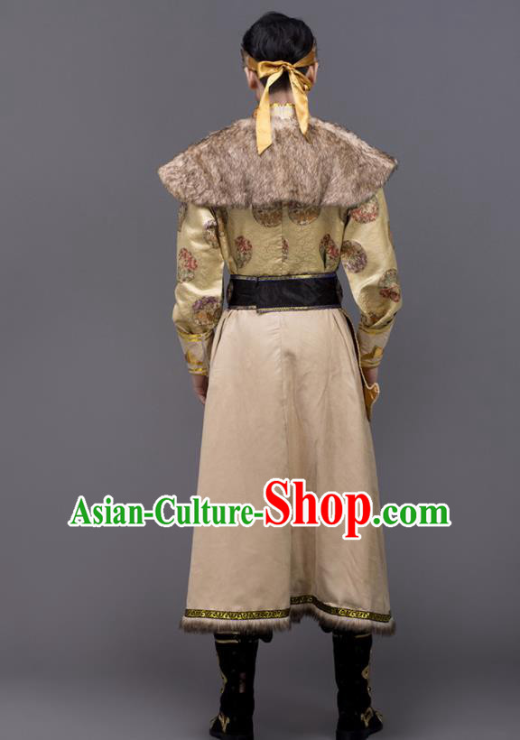 Chinese Traditional Mongol Nationality Stage Show Ginger Garment Ethnic Folk Dance Costume for Men