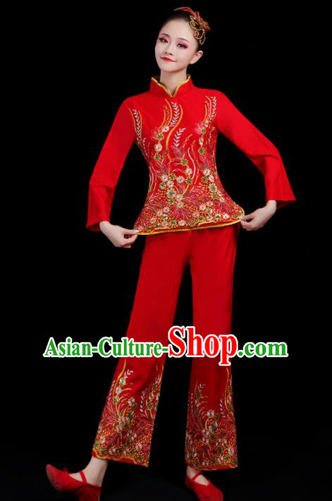 Chinese Traditional Yangko Dance Red Outfits Folk Dance Stage Performance Costume for Women