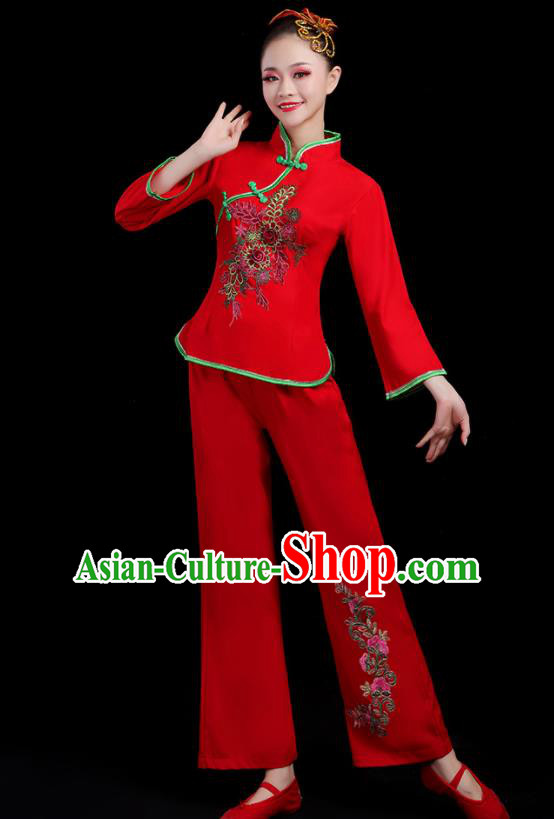Chinese Traditional Yangko Dance Fan Dance Red Outfits Folk Dance Stage Performance Costume for Women