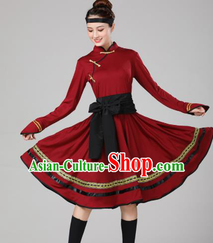 Chinese Traditional Mongol Nationality Purplish Red Dress Mongolian Ethnic Folk Dance Costume for Women