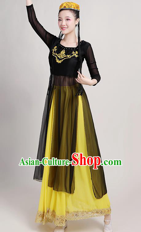 Chinese Traditional Xinjiang Uyghur Nationality Yellow Dress Uigurian Ethnic Folk Dance Costume for Women