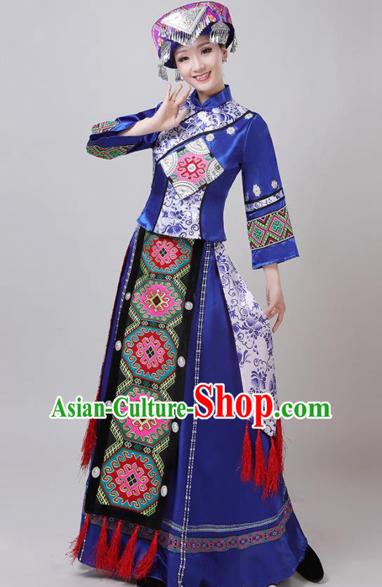 Chinese Traditional Tujia Nationality Royalblue Dress Yi Ethnic Folk Dance Costume for Women