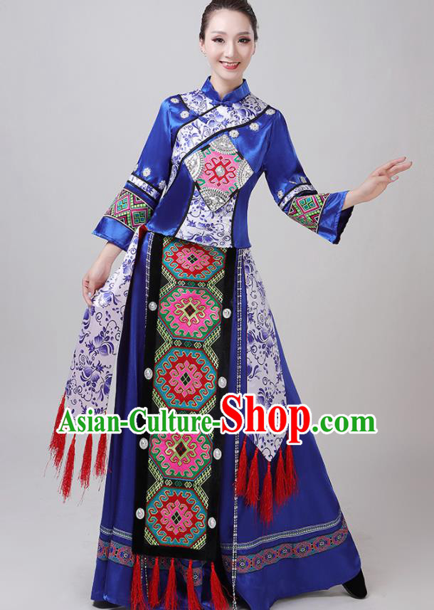 Chinese Traditional Tujia Nationality Royalblue Dress Yi Ethnic Folk Dance Costume for Women