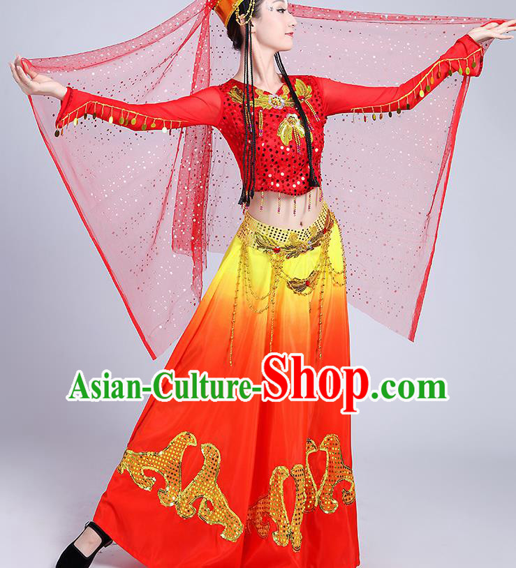 Chinese Traditional Uyghur Nationality Folk Dance Red Dress Uigurian Ethnic Costume for Women