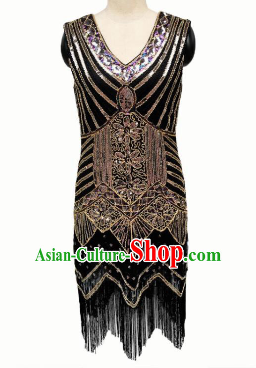Top Professional Latin Dance Golden Sequins Tassel Black Short Dress Modern Dance Stage Performance Costume for Women