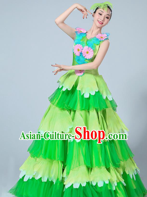 Chinese Traditional Peony Dance Fan Dance Green Dress Classical Dance Stage Performance Costume for Women