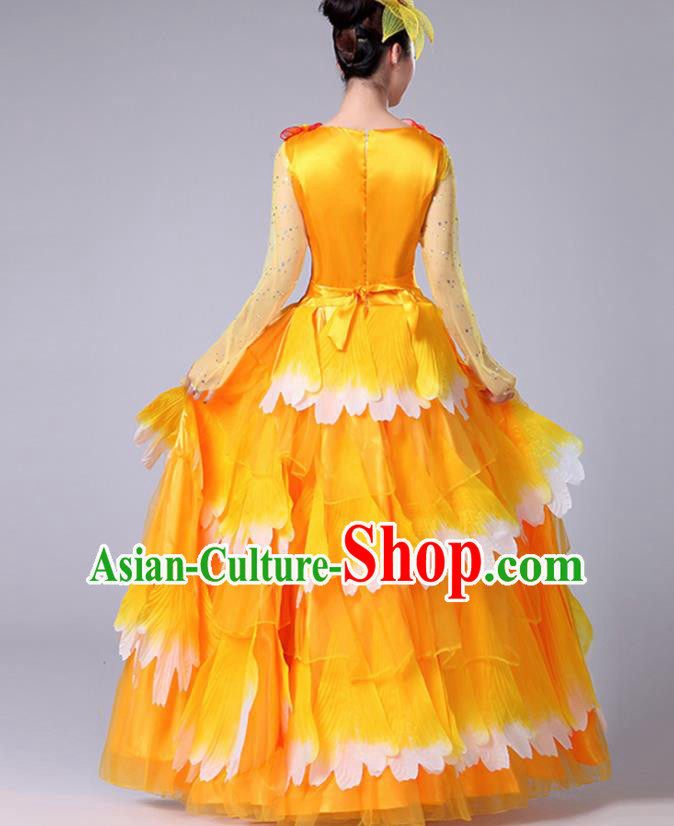Chinese Traditional Peony Dance Fan Dance Orange Dress Classical Dance Stage Performance Costume for Women