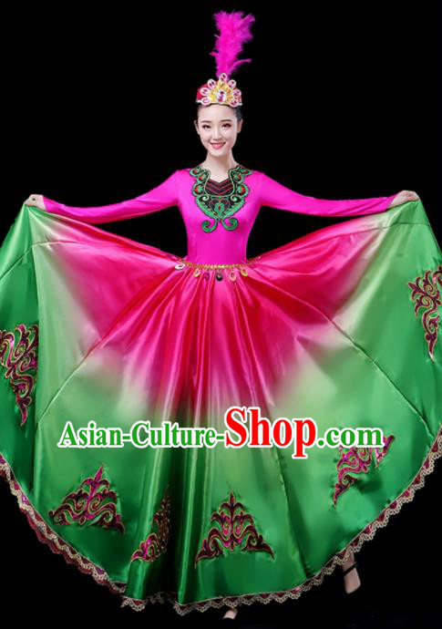 Chinese Traditional Xinjiang Uyghur Nationality Green Dress Ethnic Folk Dance Costume for Women
