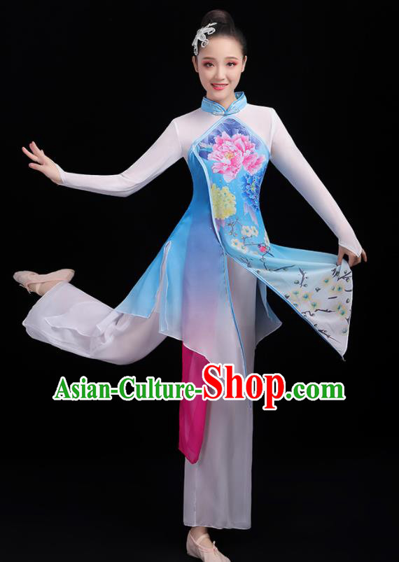 Chinese Traditional Umbrella Dance Fan Dance Printing Peony Dress Classical Dance Stage Performance Costume for Women