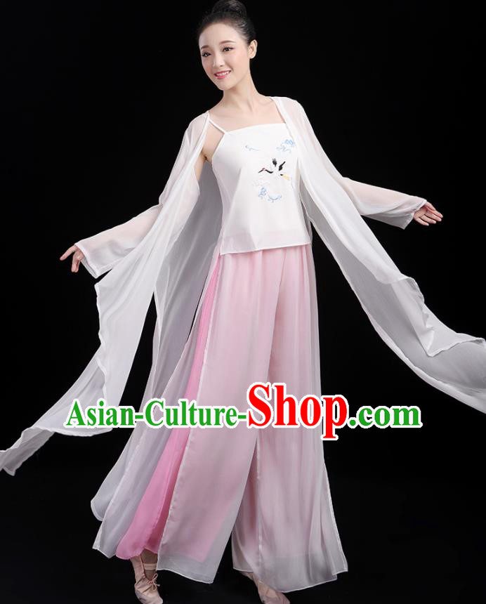 Chinese Traditional Classical Dance Fan Dance White Outfits Stage Performance Costume for Women