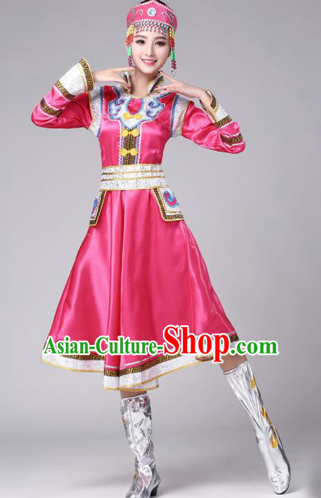 Chinese Traditional Mongol Nationality Stage Show Rosy Short Dress Mongolian Ethnic Folk Dance Costume for Women