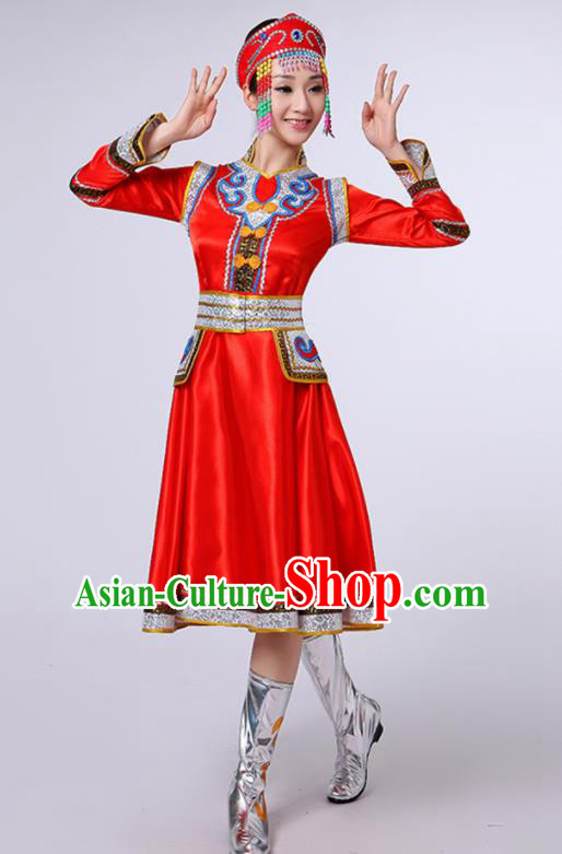 Chinese Traditional Mongol Nationality Stage Show Red Short Dress Mongolian Ethnic Folk Dance Costume for Women