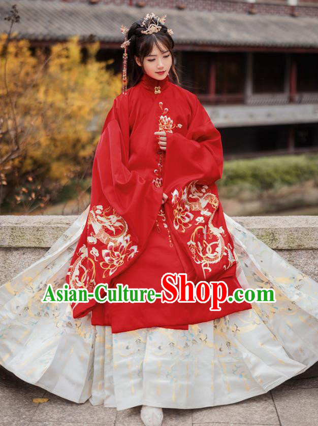 Chinese Traditional Ming Dynasty Princess Wedding Red Brocade Blouse and Skirt Ancient Palace Lady Costumes for Women