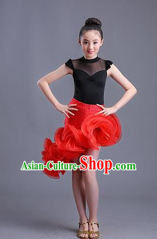 Top Professional Latin Dance Red Dress Modern Dance Stage Performance Costume for Kids