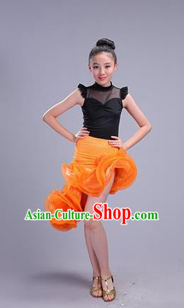 Top Professional Latin Dance Orange Dress Modern Dance Stage Performance Costume for Kids