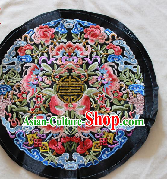 Chinese Traditional Embroidered Bats Peach Black Round Patch Embroidery Craft Embroidering Accessories