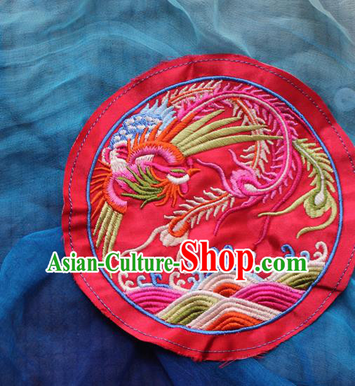 Chinese Traditional Embroidered Phoenix Red Round Patch Embroidery Craft Embroidering Accessories