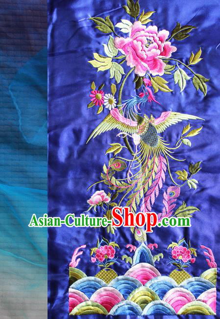 Chinese Traditional Embroidered Phoenix Peony Royalblue Patch Embroidery Dress Applique Craft Embroidering Accessories