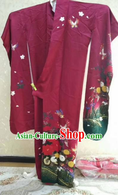 Traditional Japan Geisha Printing Butterfly Wine Red Furisode Kimono Asian Japanese Fashion Apparel Costume for Women