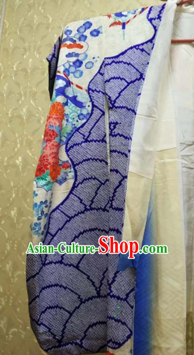 Traditional Japan Geisha Printing Peony Purple Furisode Kimono Asian Japanese Fashion Apparel Costume for Women