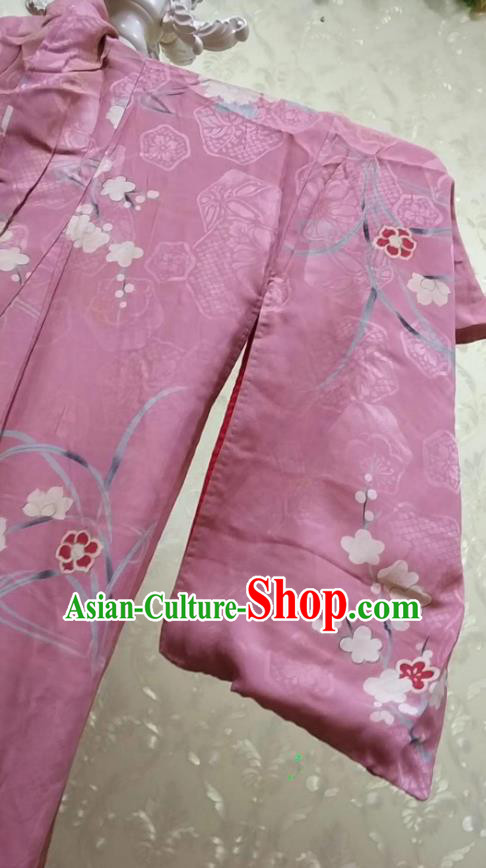 Traditional Japan Geisha Printing Plum Blossom Pink Furisode Kimono Asian Japanese Fashion Apparel Costume for Women