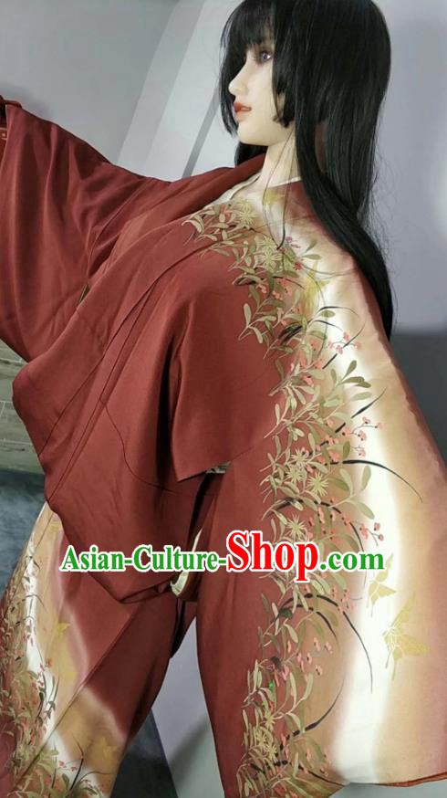 Traditional Japan Geisha Printing Orchid Purplish Red Furisode Kimono Asian Japanese Fashion Apparel Costume for Women