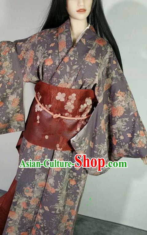 Traditional Japan Geisha Printing Maple Leaf Peony Grey Furisode Kimono Asian Japanese Fashion Apparel Costume for Women