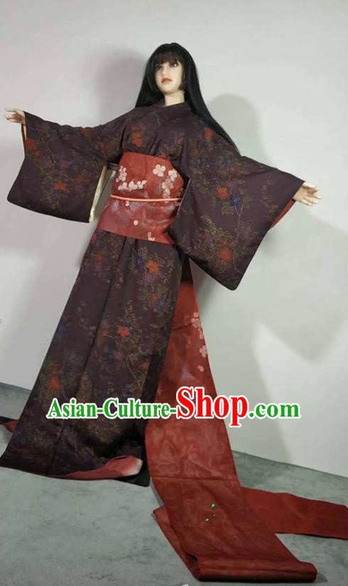 Traditional Japan Geisha Printing Brown Furisode Kimono Asian Japanese Fashion Apparel Costume for Women