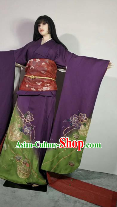 Traditional Japan Geisha Printing Sakura Purple Furisode Kimono Asian Japanese Fashion Apparel Costume for Women