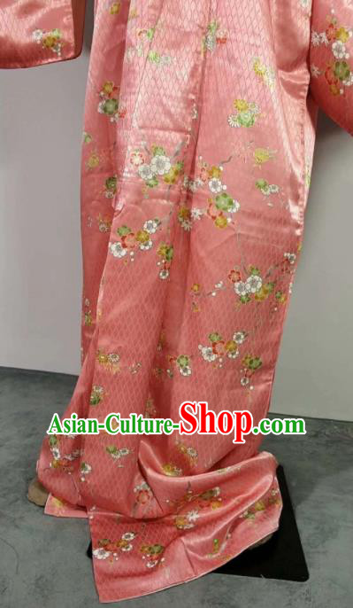 Traditional Japan Geisha Printing Sakura Pink Brocade Furisode Kimono Asian Japanese Fashion Apparel Costume for Women