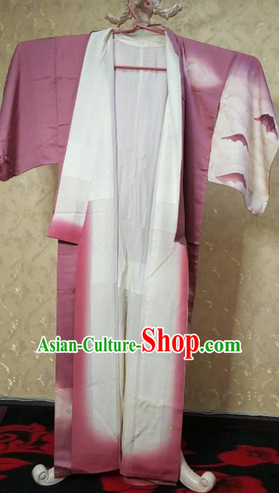 Traditional Japan Geisha Printing Lilac Furisode Kimono Asian Japanese Fashion Apparel Costume for Women