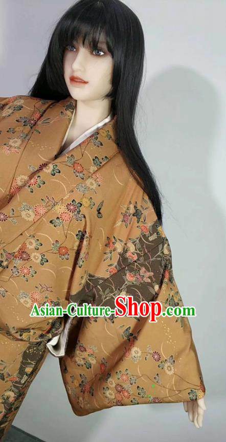 Traditional Japan Geisha Printing Chrysanthemum Ginger Furisode Kimono Asian Japanese Fashion Apparel Costume for Women