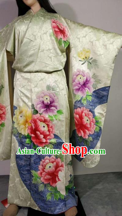 Traditional Japan Geisha Printing Peony Green Brocade Furisode Kimono Asian Japanese Fashion Apparel Costume for Women