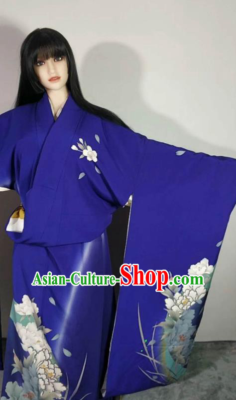 Traditional Japan Geisha Printing Peony Royalblue Brocade Furisode Kimono Asian Japanese Fashion Apparel Costume for Women