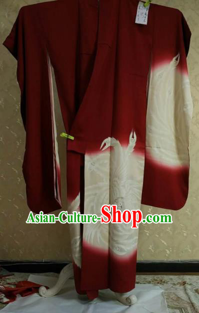 Traditional Japan Geisha Printing Phoenix Red Furisode Kimono Asian Japanese Fashion Apparel Costume for Women