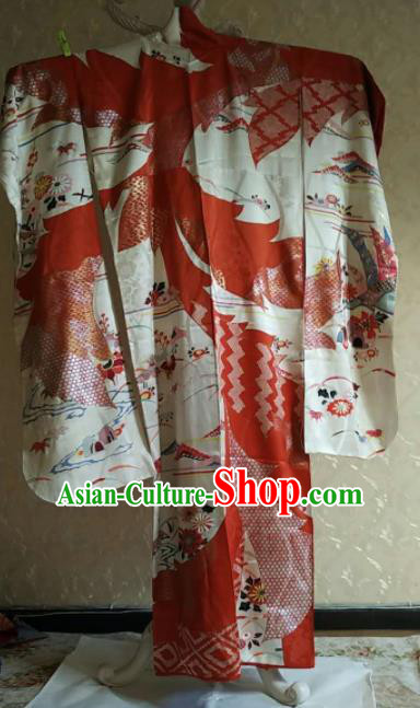 Traditional Japan Geisha Printing Red Silk Furisode Kimono Asian Japanese Fashion Apparel Costume for Women