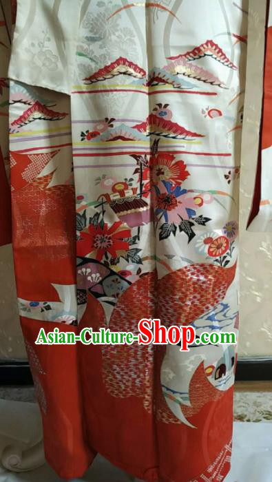 Traditional Japan Geisha Printing Red Silk Furisode Kimono Asian Japanese Fashion Apparel Costume for Women
