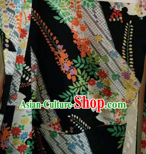 Traditional Japan Geisha Printing Black Silk Furisode Kimono Asian Japanese Fashion Apparel Costume for Women