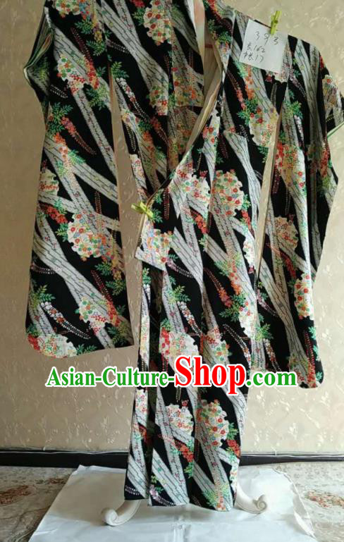 Traditional Japan Geisha Printing Black Silk Furisode Kimono Asian Japanese Fashion Apparel Costume for Women