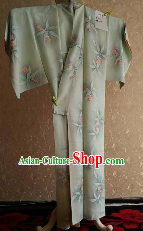 Traditional Japan Geisha Printing Light Green Silk Furisode Kimono Asian Japanese Fashion Apparel Costume for Women
