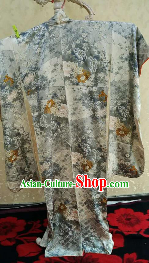 Traditional Japan Geisha Printing Peony Grey Silk Furisode Kimono Asian Japanese Fashion Apparel Costume for Women