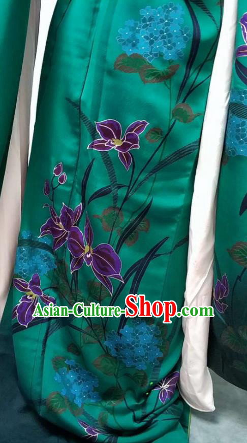 Traditional Japan Geisha Printing Lily Flowers Green Brocade Furisode Kimono Asian Japanese Fashion Apparel Costume for Women