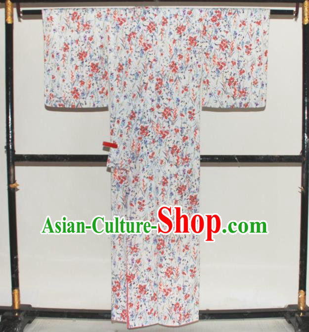Traditional Japan Geisha Printing Primrose White Furisode Kimono Asian Japanese Fashion Apparel Costume for Women