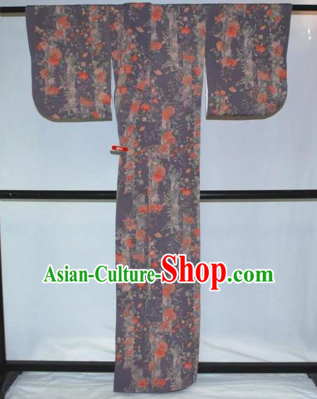 Traditional Japan Geisha Printing Peony Purple Furisode Kimono Asian Japanese Fashion Apparel Costume for Women