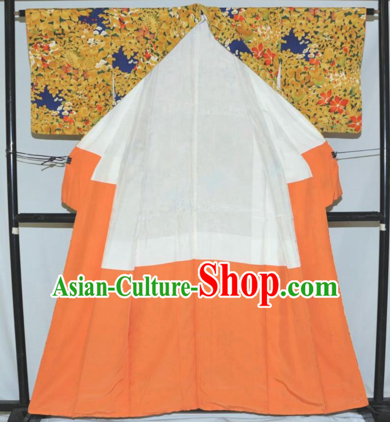 Traditional Japan Geisha Printing Yellow Flowers Furisode Kimono Asian Japanese Fashion Apparel Costume for Women