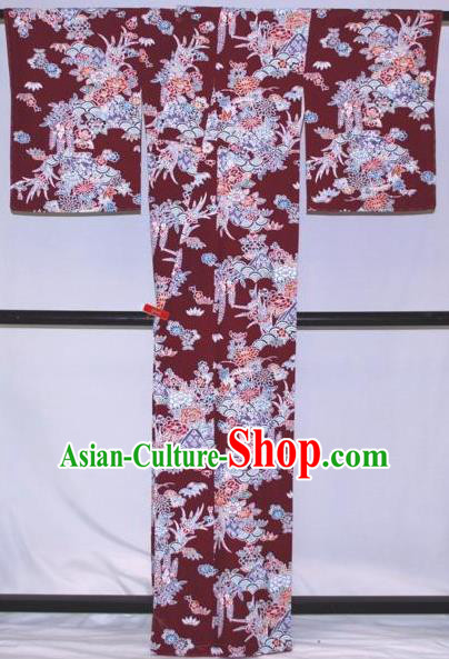 Traditional Japan Geisha Printing Purplish Red Silk Furisode Kimono Asian Japanese Fashion Apparel Costume for Women