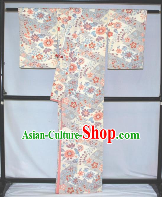 Traditional Japan Geisha Printing Silk Furisode Kimono Asian Japanese Fashion Apparel Costume for Women