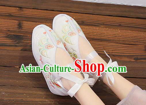 Asian Chinese Traditional Embroidered Bird White Shoes Princess Shoes Opera Shoes Hanfu Shoes for Women