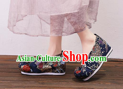 Asian Chinese Traditional Navy Satin Embroidered Shoes Princess Shoes Opera Shoes Hanfu Shoes for Women