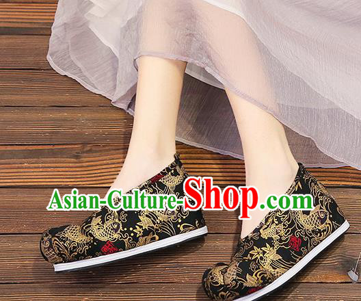 Chinese Traditional Classical Carps Pattern Black Satin Embroidered Shoes Princess Shoes Opera Shoes Hanfu Shoes for Women